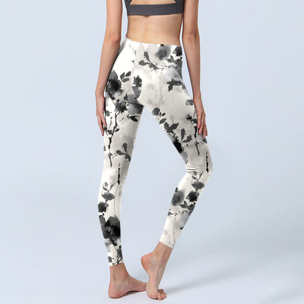 Buddha Stones Ink Painting Style Flower Pattern Print Gym Leggings Women's Yoga Pants