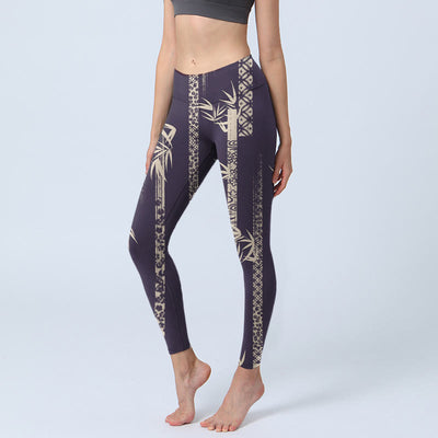 Buddha Stones Bamboo Water Wave Pattern Print Gym Leggings Women's Yoga Pants