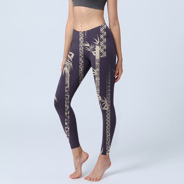 Buddha Stones Bamboo Water Wave Pattern Print Gym Leggings Women's Yoga Pants