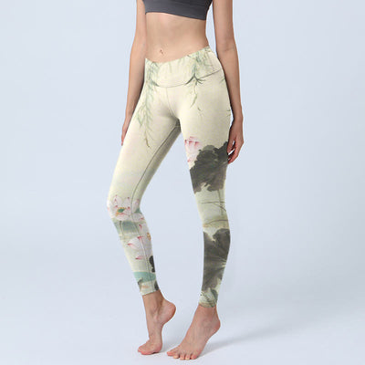 Buddha Stones Willow Leaves Lotus Pond Pattern Print Gym Leggings Women's Yoga Pants
