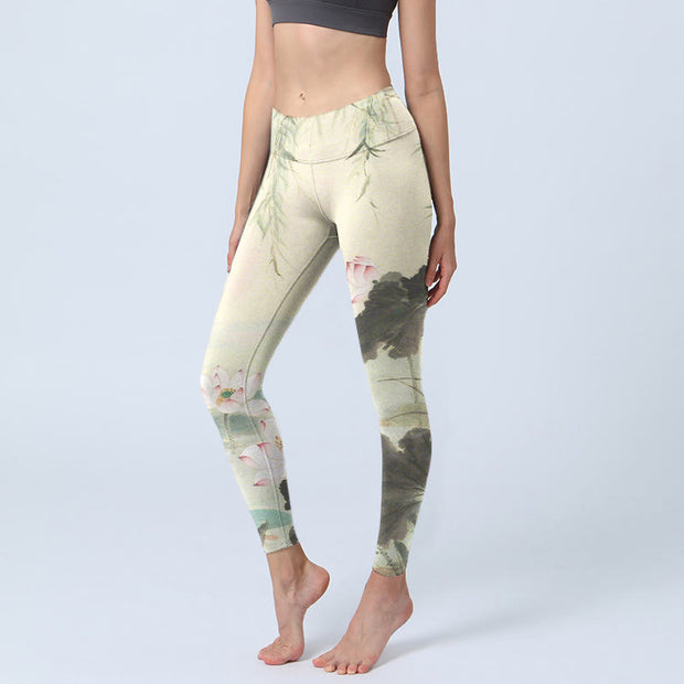 Buddha Stones Willow Leaves Lotus Pond Pattern Print Gym Leggings Women's Yoga Pants