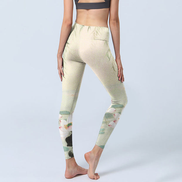 Buddha Stones Willow Leaves Lotus Pond Pattern Print Gym Leggings Women's Yoga Pants
