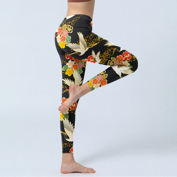 Buddha Stones Red-Crowned Cranes Colorful Floral Pattern Print Gym Leggings Women's Yoga Pants