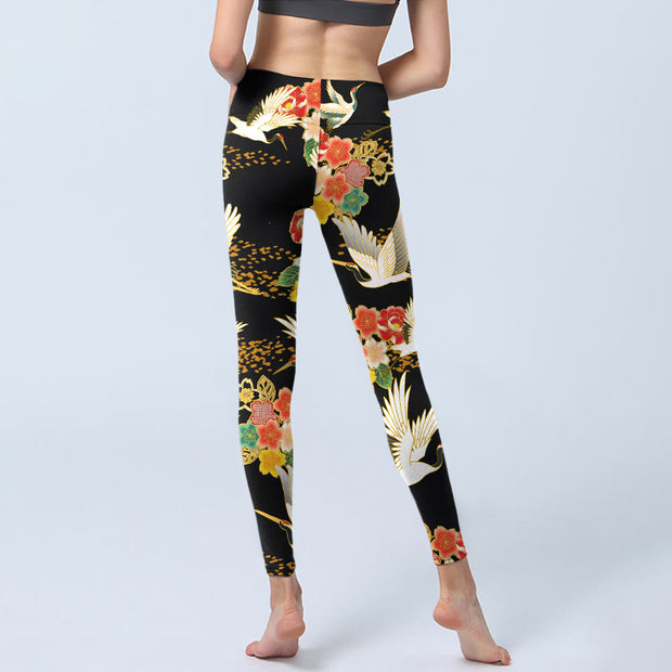 Buddha Stones Red-Crowned Cranes Colorful Floral Pattern Print Gym Leggings Women's Yoga Pants