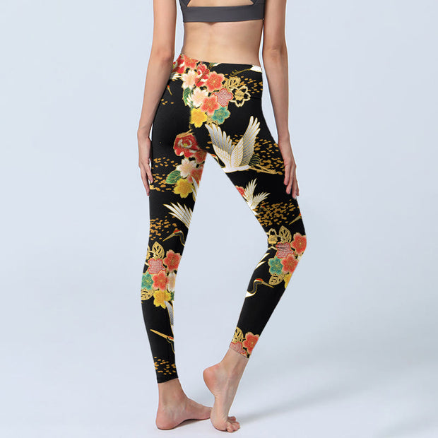 Buddha Stones Red-Crowned Cranes Colorful Floral Pattern Print Gym Leggings Women's Yoga Pants