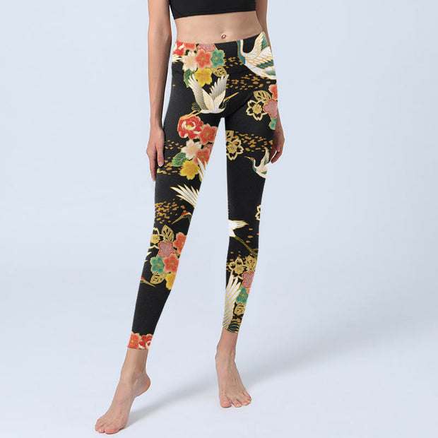 Buddha Stones Red-Crowned Cranes Colorful Floral Pattern Print Gym Leggings Women's Yoga Pants