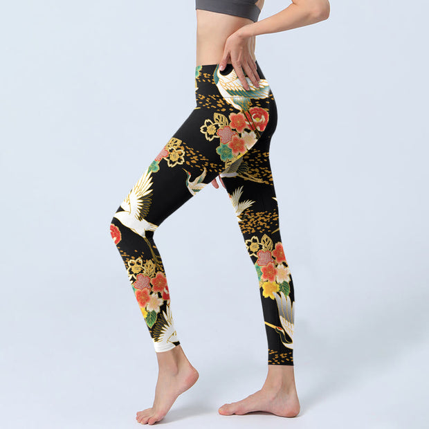 Buddha Stones Red-Crowned Cranes Colorful Floral Pattern Print Gym Leggings Women's Yoga Pants