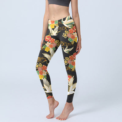 Buddha Stones Red-Crowned Cranes Colorful Floral Pattern Print Gym Leggings Women's Yoga Pants