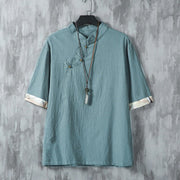 Buddha Stones Summer Chinese Frog-Button Printing Men's Plain Patchwork Half Sleeve Cotton Linen Shirt