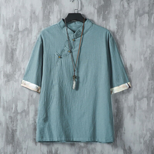 Buddha Stones Summer Chinese Frog-Button Printing Men's Plain Patchwork Half Sleeve Cotton Linen Shirt