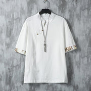 Buddha Stones Summer Chinese Frog-Button Printing Men's Plain Patchwork Half Sleeve Cotton Linen Shirt