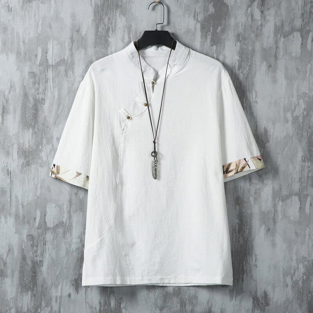 Buddha Stones Summer Chinese Frog-Button Printing Men's Plain Patchwork Half Sleeve Cotton Linen Shirt