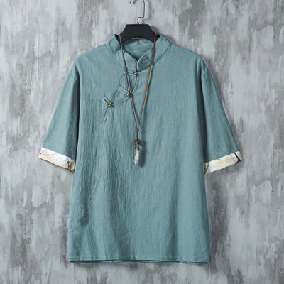Buddha Stones Summer Chinese Frog-Button Printing Men's Plain Patchwork Half Sleeve Cotton Linen Shirt