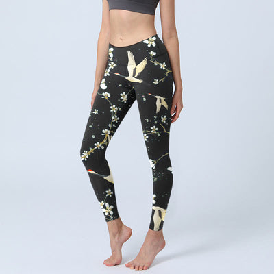 Buddha Stones Red-crowned Cranes Plum Blossoms Pattern Print Gym Leggings Women's Yoga Pants