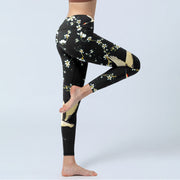 Buddha Stones Red-crowned Cranes Plum Blossoms Pattern Print Gym Leggings Women's Yoga Pants