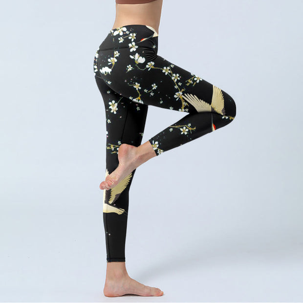 Buddha Stones Red-crowned Cranes Plum Blossoms Pattern Print Gym Leggings Women's Yoga Pants