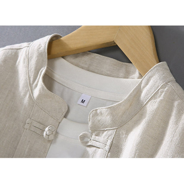 Buddha Stones Vintage Plain Tang Suit Chinese Frog-Button Cotton Linen Men's Shirt Jacket With Pockets