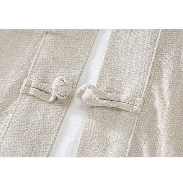 Buddha Stones Vintage Plain Tang Suit Chinese Frog-Button Cotton Linen Men's Shirt Jacket With Pockets