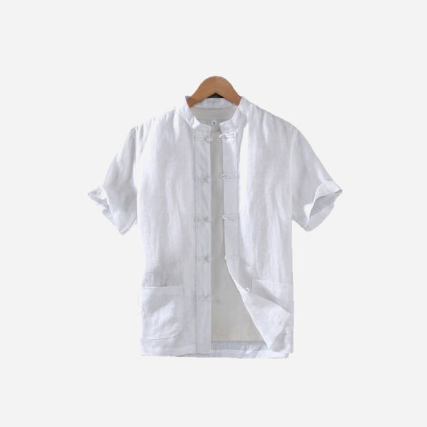 Buddha Stones Vintage Plain Tang Suit Chinese Frog-Button Cotton Linen Men's Shirt Jacket With Pockets
