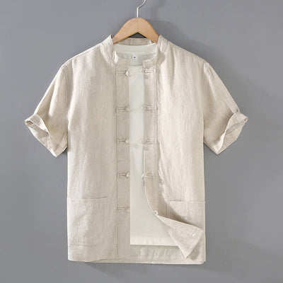 Buddha Stones Vintage Plain Tang Suit Chinese Frog-Button Cotton Linen Men's Shirt Jacket With Pockets