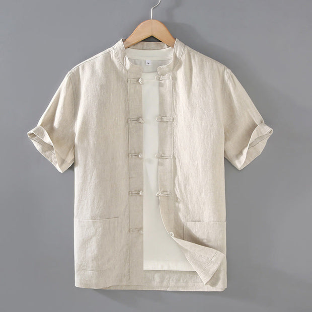 Buddha Stones Vintage Plain Tang Suit Chinese Frog-Button Cotton Linen Men's Shirt Jacket With Pockets