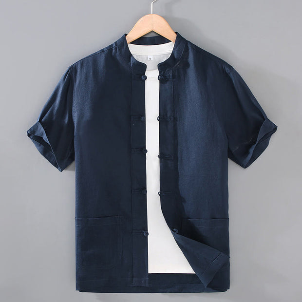 Buddha Stones Vintage Plain Tang Suit Chinese Frog-Button Cotton Linen Men's Shirt Jacket With Pockets