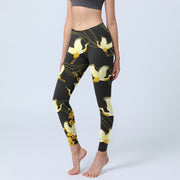 Buddha Stones Red-crowned Cranes Golden Flowers Line Pattern Print Gym Leggings Women's Yoga Pants