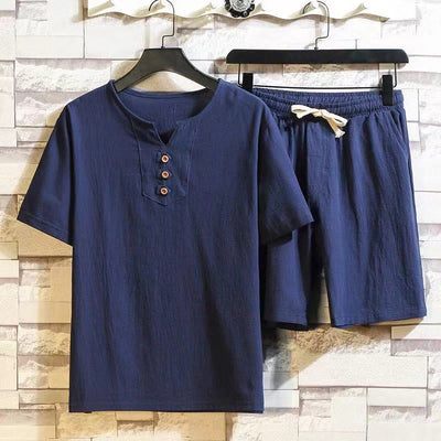 Buddha Stones Summer Sports 2Pcs Solid Color Notched Collar T-Shirt Drawstring Short Pants With Pockets Men's Cotton Linen Meditation Cloth Set