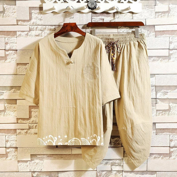 Buddha Stones 2Pcs Embroidery Design Notched Collar T-Shirt Drawstring 7-8 Length Harem Pants With Pockets Men's Cotton Meditation Cloth Set