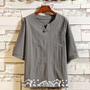Buddha Stones 2Pcs Embroidery Design Notched Collar T-Shirt Drawstring 7-8 Length Harem Pants With Pockets Men's Cotton Meditation Cloth Set