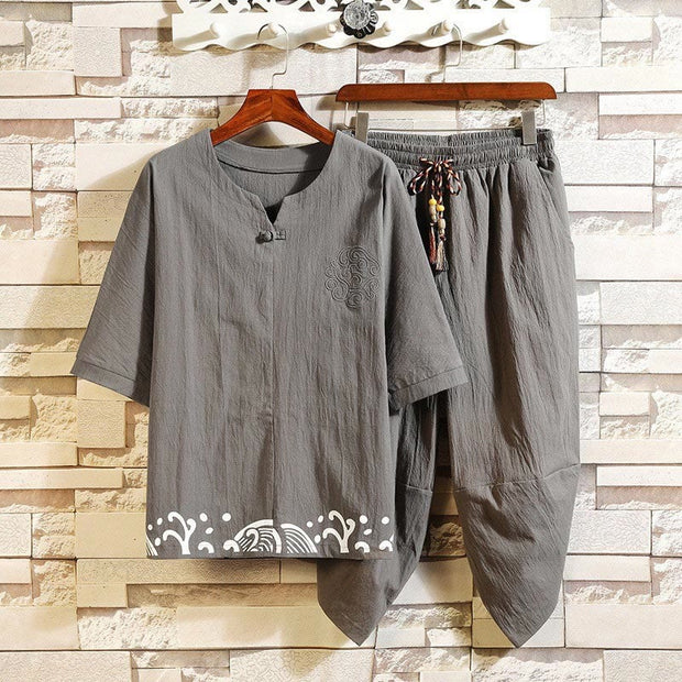 Buddha Stones 2Pcs Embroidery Design Notched Collar T-Shirt Drawstring 7-8 Length Harem Pants With Pockets Men's Cotton Meditation Cloth Set