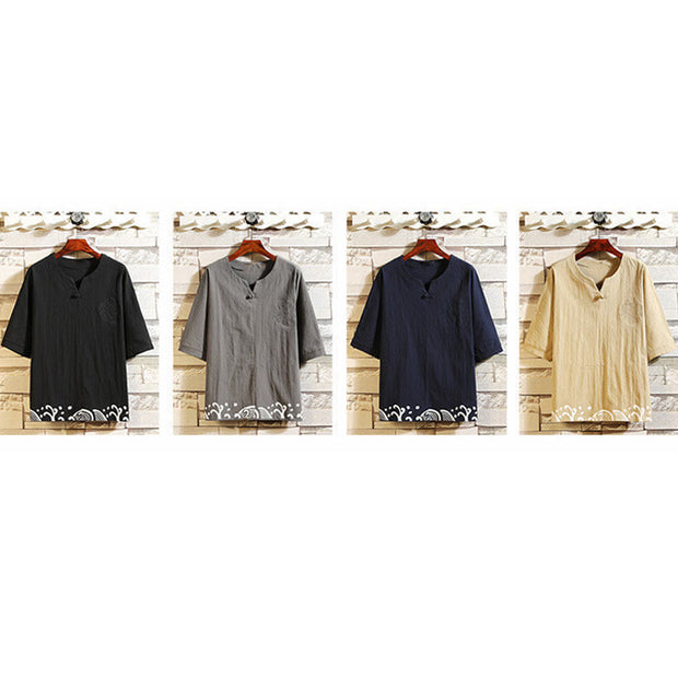 Buddha Stones 2Pcs Embroidery Design Notched Collar T-Shirt Drawstring 7-8 Length Harem Pants With Pockets Men's Cotton Meditation Cloth Set