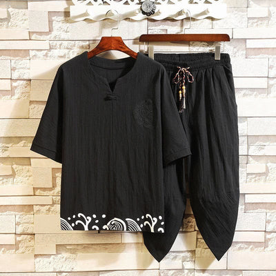 Buddha Stones 2Pcs Embroidery Design Notched Collar T-Shirt Drawstring 7-8 Length Harem Pants With Pockets Men's Cotton Meditation Cloth Set