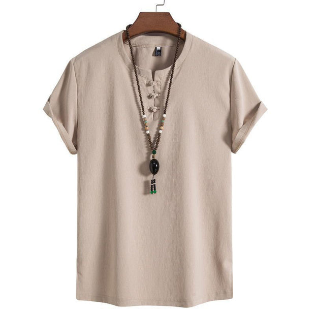 Buddha Stones Vintage Casual Plain Chinese Frog-Button Simple Design Men's Cotton Linen Shirt