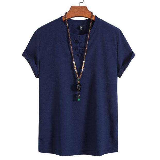 Buddha Stones Vintage Casual Plain Chinese Frog-Button Simple Design Men's Cotton Linen Shirt