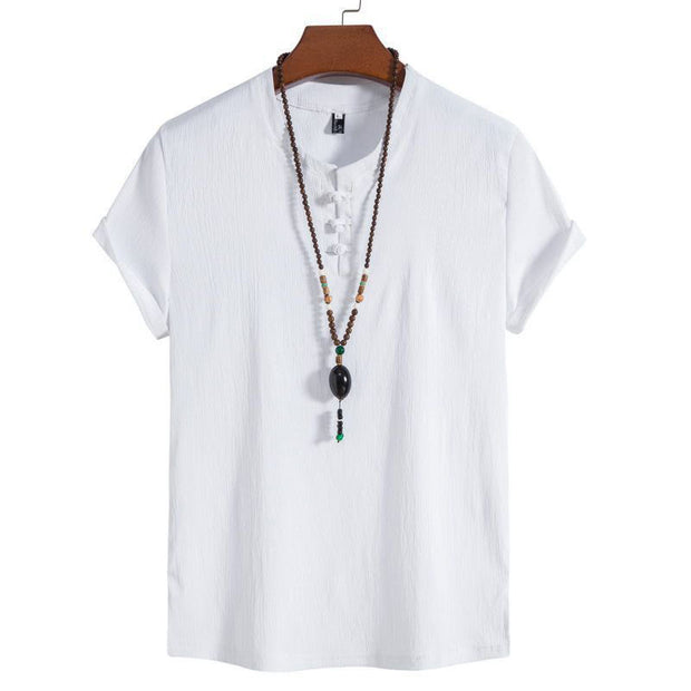 Buddha Stones Vintage Casual Plain Chinese Frog-Button Simple Design Men's Cotton Linen Shirt