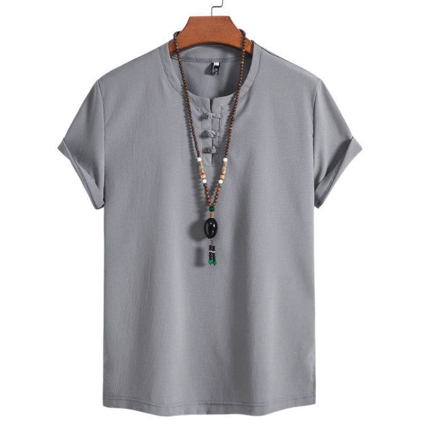 Buddha Stones Vintage Casual Plain Chinese Frog-Button Simple Design Men's Cotton Linen Shirt