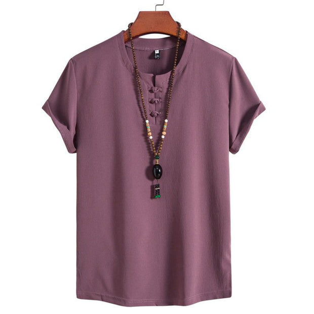 Buddha Stones Vintage Casual Plain Chinese Frog-Button Simple Design Men's Cotton Linen Shirt