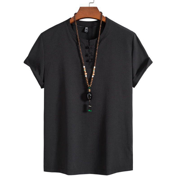 Buddha Stones Vintage Casual Plain Chinese Frog-Button Simple Design Men's Cotton Linen Shirt