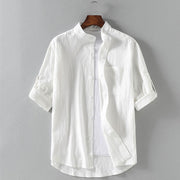 Buddha Stones Vintage Casual Plain Single Breasted Three Quarter Sleeve Men's Cotton Linen Shirt With Pocket