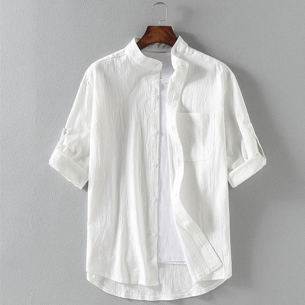 Buddha Stones Vintage Casual Plain Single Breasted Three Quarter Sleeve Men's Cotton Linen Shirt With Pocket