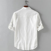Buddha Stones Vintage Casual Plain Single Breasted Three Quarter Sleeve Men's Cotton Linen Shirt With Pocket