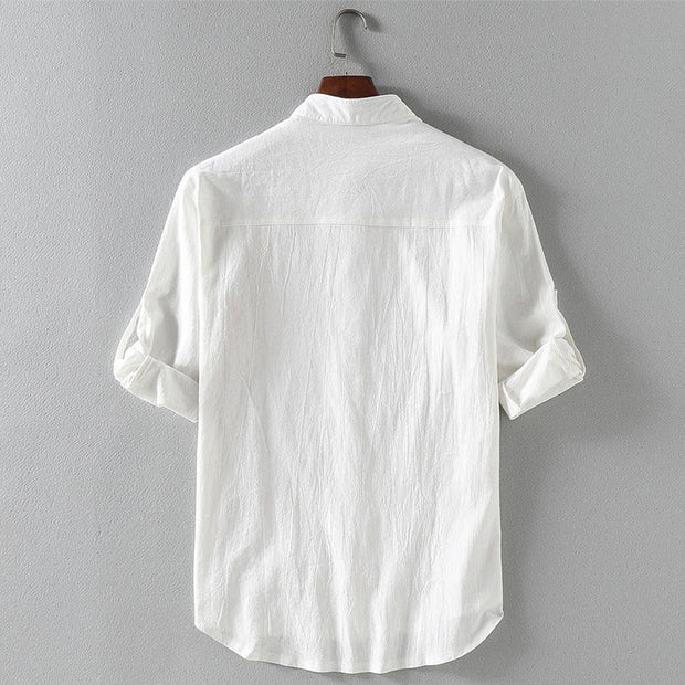 Buddha Stones Vintage Casual Plain Single Breasted Three Quarter Sleeve Men's Cotton Linen Shirt With Pocket