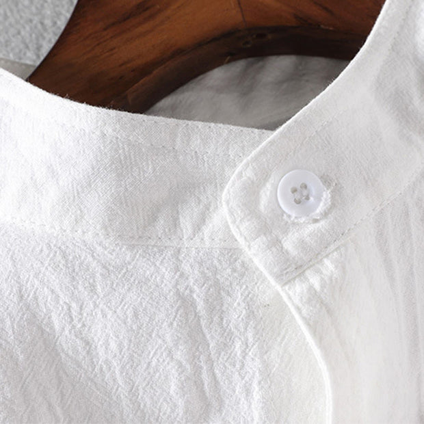 Buddha Stones Vintage Casual Plain Single Breasted Three Quarter Sleeve Men's Cotton Linen Shirt With Pocket