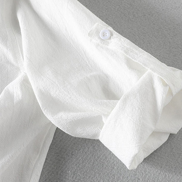 Buddha Stones Vintage Casual Plain Single Breasted Three Quarter Sleeve Men's Cotton Linen Shirt With Pocket