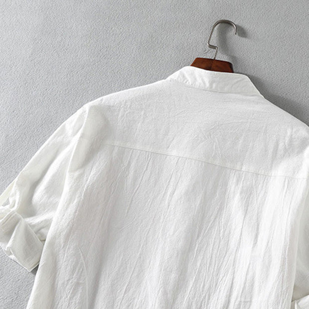 Buddha Stones Vintage Casual Plain Single Breasted Three Quarter Sleeve Men's Cotton Linen Shirt With Pocket