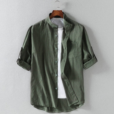Buddha Stones Vintage Casual Plain Single Breasted Three Quarter Sleeve Men's Cotton Linen Shirt With Pocket
