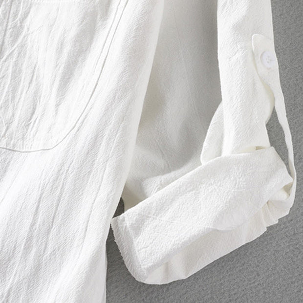 Buddha Stones Vintage Casual Plain Single Breasted Three Quarter Sleeve Men's Cotton Linen Shirt With Pocket