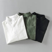 Buddha Stones Vintage Casual Plain Single Breasted Three Quarter Sleeve Men's Cotton Linen Shirt With Pocket