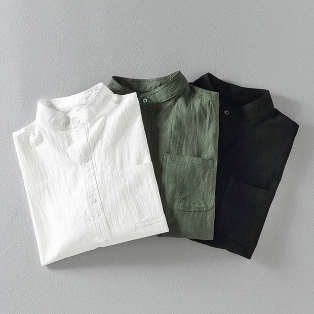 Buddha Stones Vintage Casual Plain Single Breasted Three Quarter Sleeve Men's Cotton Linen Shirt With Pocket